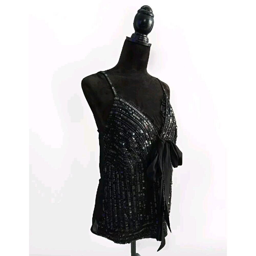 NWT Luisa Spagnoli Women's Black Sequin Cami Tank Top With Ruffles Bow Sheer L - Picture 2 of 7